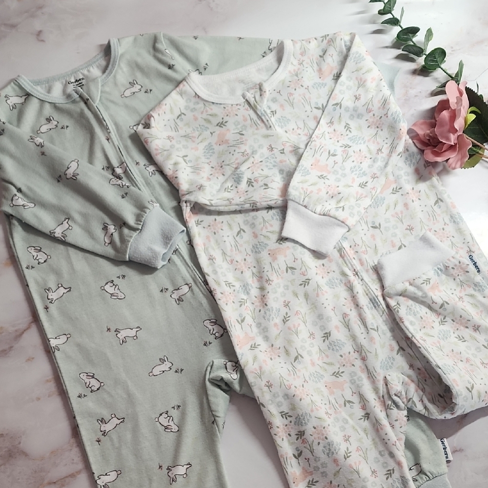 Gerber Baby Girl Cotton Pajamas Set / Playsuits - Mint Green and White Floral